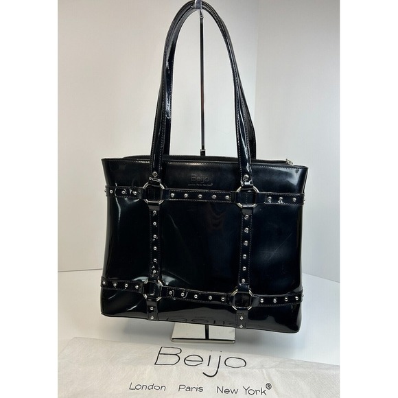 Beijo Shoulder/Tote Purse Black Patent Leather Medium Silver Studs Double Handle - Picture 1 of 11